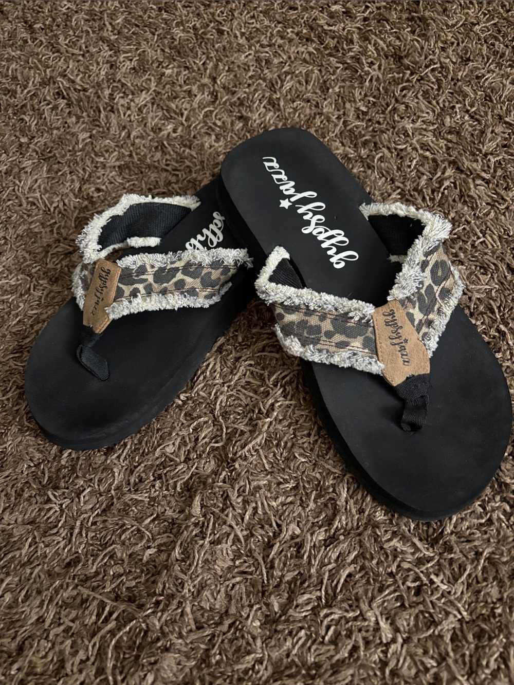 Gypsy Jazz Black Flip-Flop Sandals with Leopard Print Straps